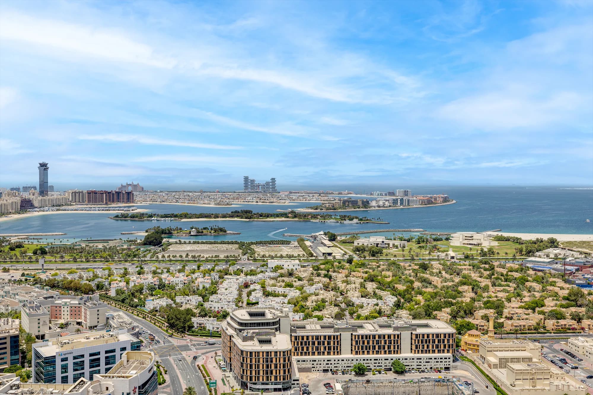 Palm Jumeirah and the Arabian Gulf seen from Dubai Jewel Tower
